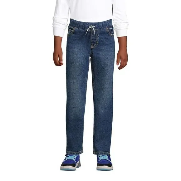 Lands End Boys Small Iron Knee Stretch Pull On Jeans Dark Wash Denim NWT - Picture 1 of 13